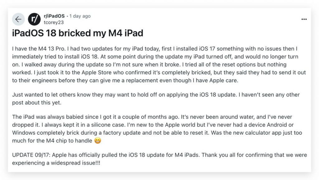 用户更新后直接死机，苹果紧急撤回 M4 iPad Pro 的 iPadOS 18 更新项目