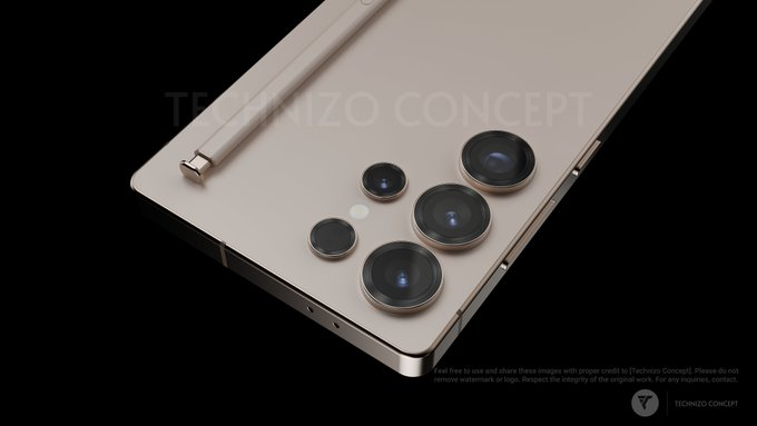 Galaxy S25 Ultra 渲染图，新相机环，钛金属材质