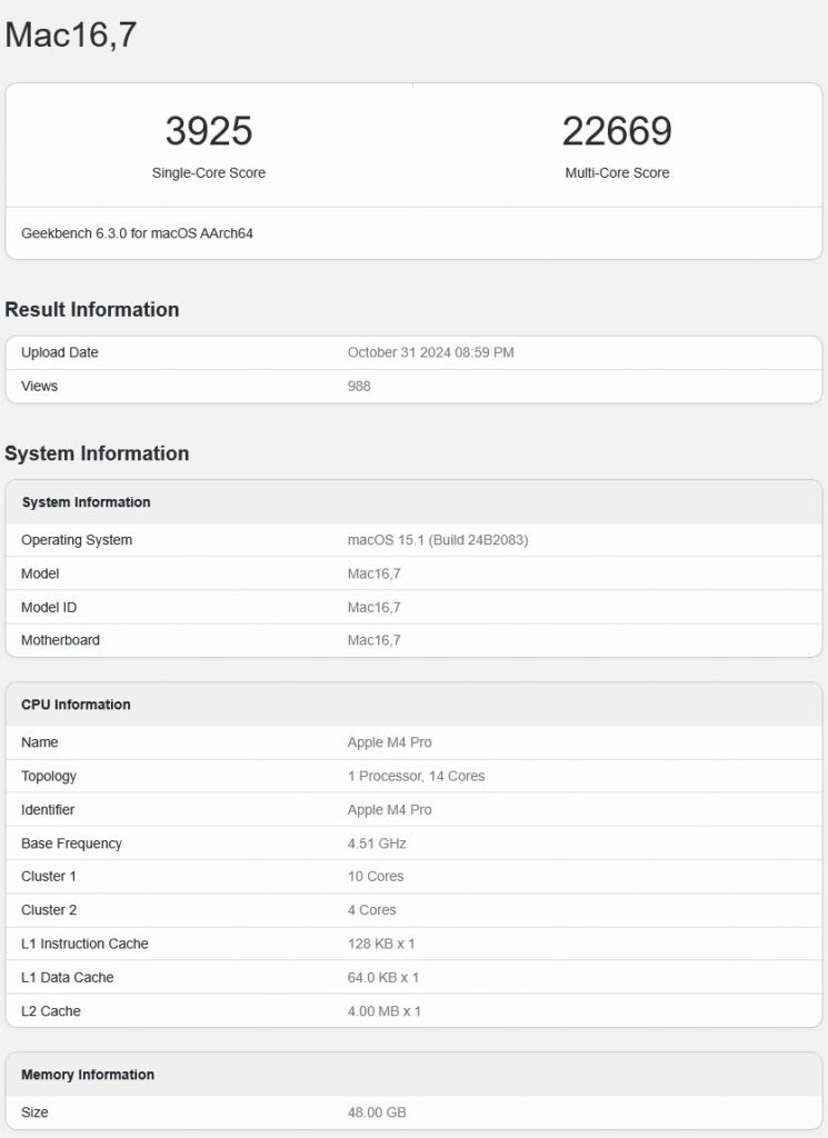 性能大幅超越M3 Pro/M2 Ultra！Apple M4 Pro芯片跑分曝光：单核提升25%、多核提升45%！