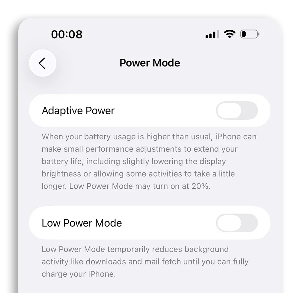 iOS 26 电源管理 充电剩余时间 自适应电源模式