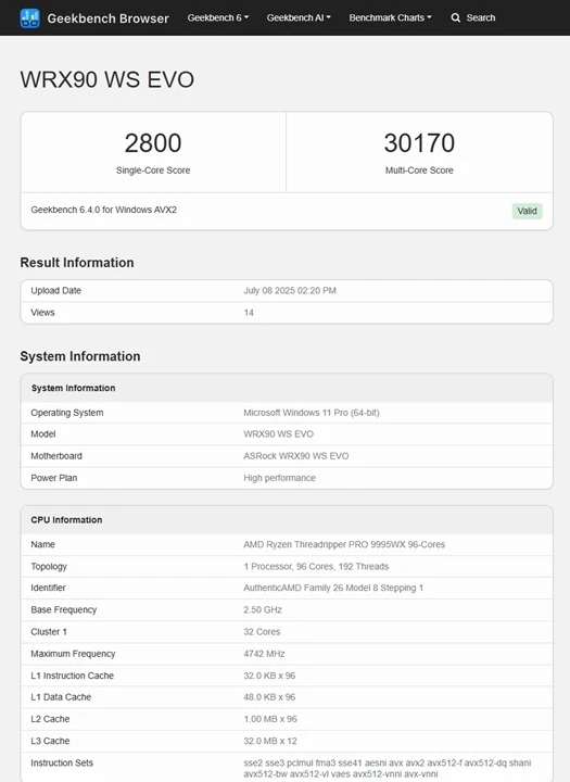Threadripper PRO 9995WX Geekbench-1